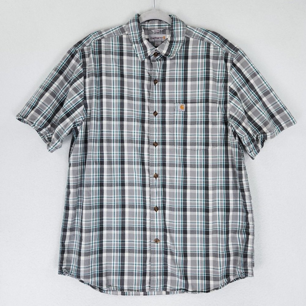 Carhartt Shirt Mens Large Gray Teal Plaid Relaxed Fit Short Sleeve Lightweight